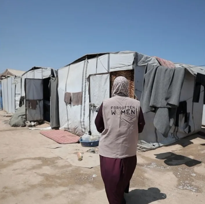 Forgotten Women caseworker on a sponsorship home visit at a family tent in Gaza